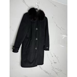 Dana Buchman Genuine Fur Trim Black Coat Faux Suede Classic Penny Lane Women's S